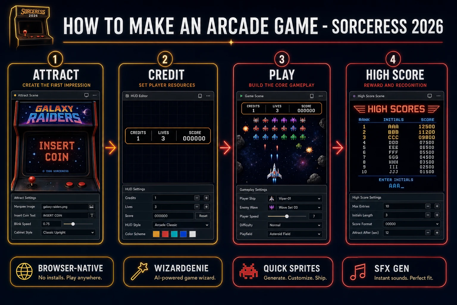 How to make an arcade game browser pipeline: attract mode, credit loop, play state, and high-score table wired in WizardGenie