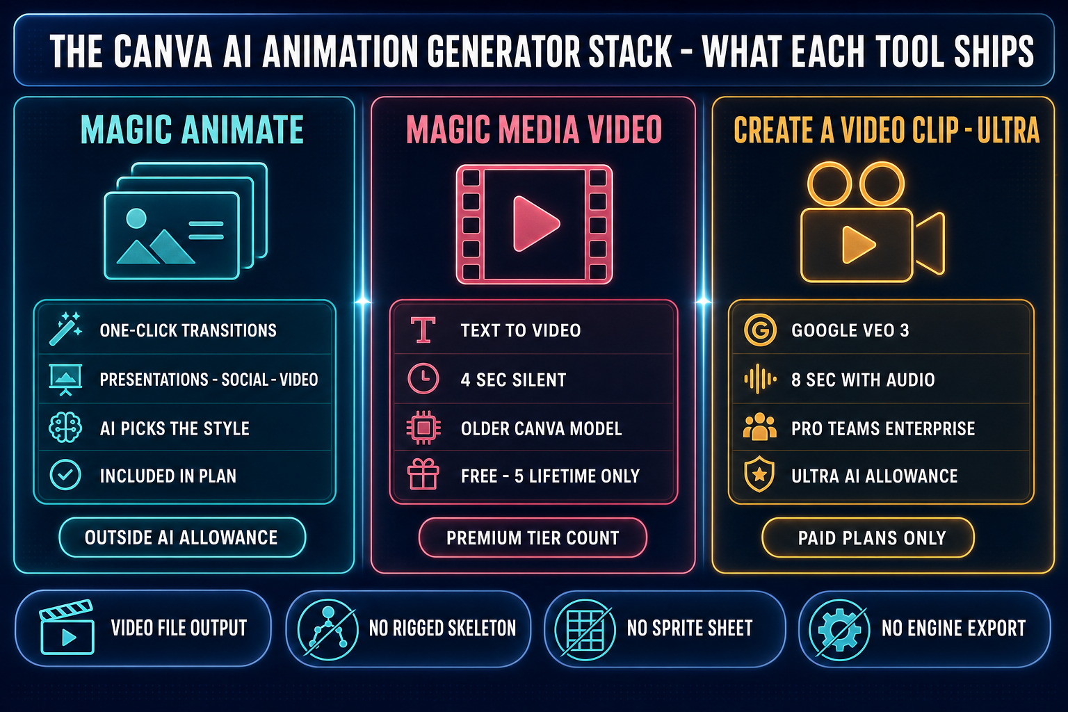 Three-column breakdown of the Canva AI animation generator stack: Magic Animate for one-click design transitions on presentation, social, and video templates, Magic Media video for 4-second silent text-to-video clips at the Premium tier, and Create a Video Clip with Veo 3 for 8-second clips with synchronised audio at the Ultra tier &mdash; all three ending at video files or Canva designs and none of them shipping a rigged GLB or a sprite walk cycle