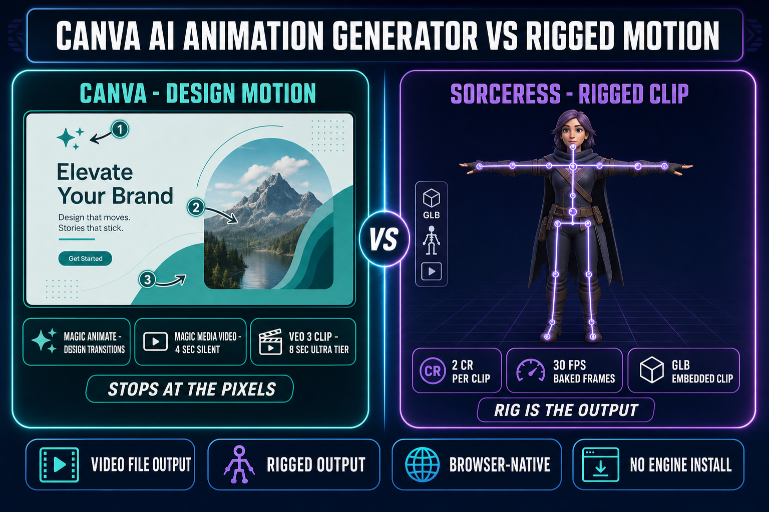 Side-by-side comparison of the Canva AI animation generator (Magic Animate one-click slide transitions, Magic Media 4-second silent clips, and Veo 3 8-second video clips on the Ultra tier) versus the Sorceress 3D Studio Animate path that bakes a motion prompt onto a rigged humanoid skeleton at 2 credits per clip and exports as an embedded GLB clip