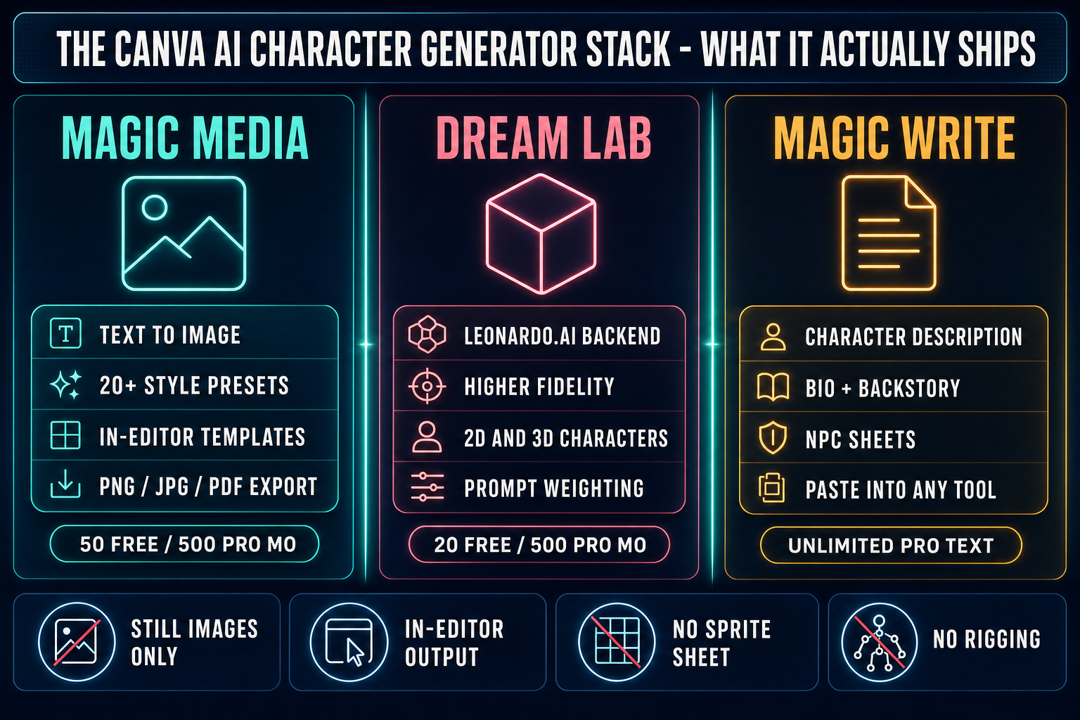 Three-column breakdown of the Canva AI character generator stack: Magic Media for text-to-image with 20-plus styles capped at 50 free or 500 Pro per month, Dream Lab powered by Leonardo.AI capped at 20 free or 500 Pro per month for 2D and 3D characters, and Magic Write for character description and bio generation — all three ending at still images or paragraphs of text