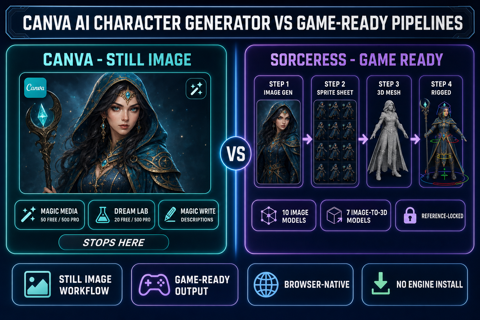 Side-by-side comparison of the Canva AI character generator (Magic Media plus Dream Lab plus Magic Write, capped at 50 free or 500 Pro generations per month, ending at a still image) versus the Sorceress game-ready pipeline (10 image models, sprite sheet, 3D mesh, rigged skeleton, all in one browser tab)