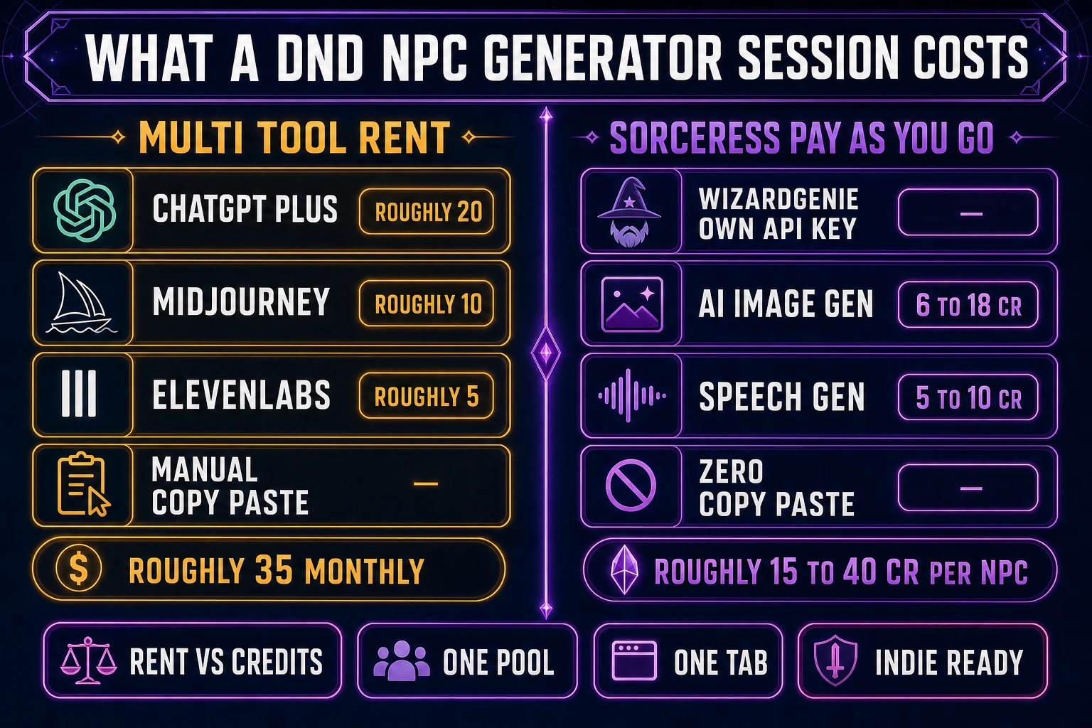 Dnd npc generator credit-cost breakdown - single NPC session showing chat token cost plus portrait renders at 3 to 18 credits plus Speech Gen at 5 to 10 credits, versus multi-tool subscription baseline of 35 dollars per month