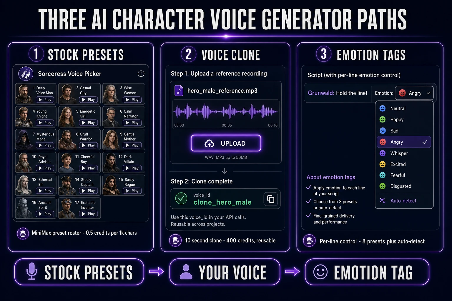 three ai character voice generator paths: MiniMax stock preset voices, voice cloning from a 10 second sample, and per-line emotion tagging