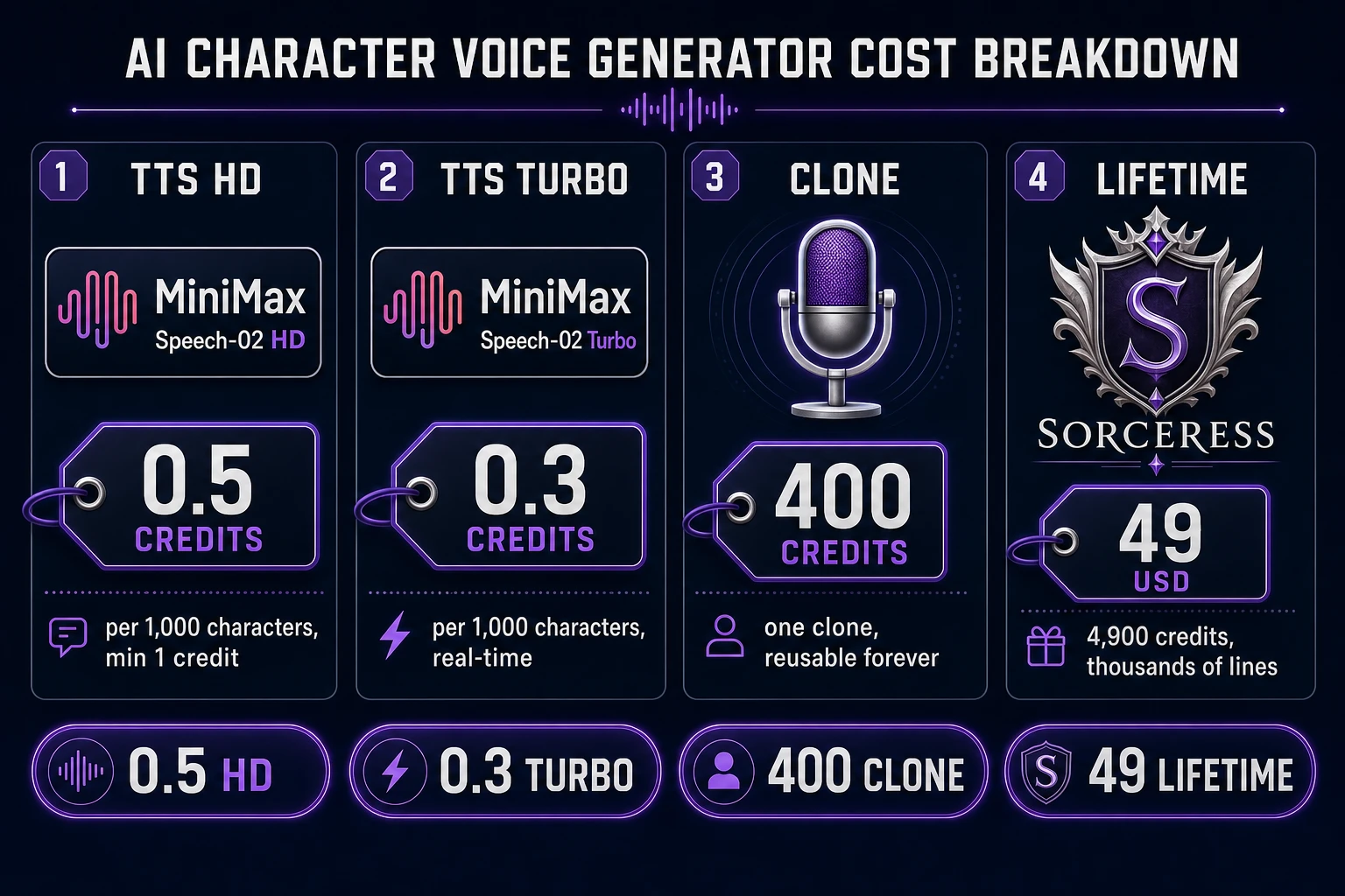 ai character voice generator cost breakdown: 0.5 credits HD, 0.3 credits Turbo per 1000 chars, 400 credits per voice clone, 49 dollar Sorceress Lifetime