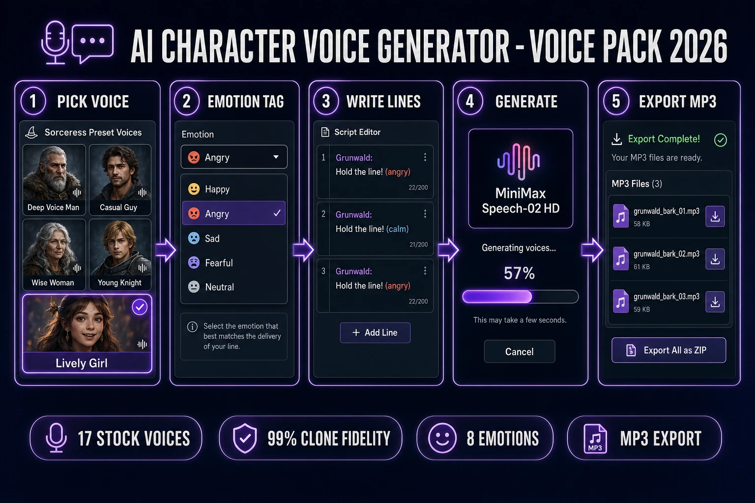 ai character voice generator pipeline: pick a MiniMax preset voice, tag per-line emotion, write NPC lines, generate speech, export MP3 for each character