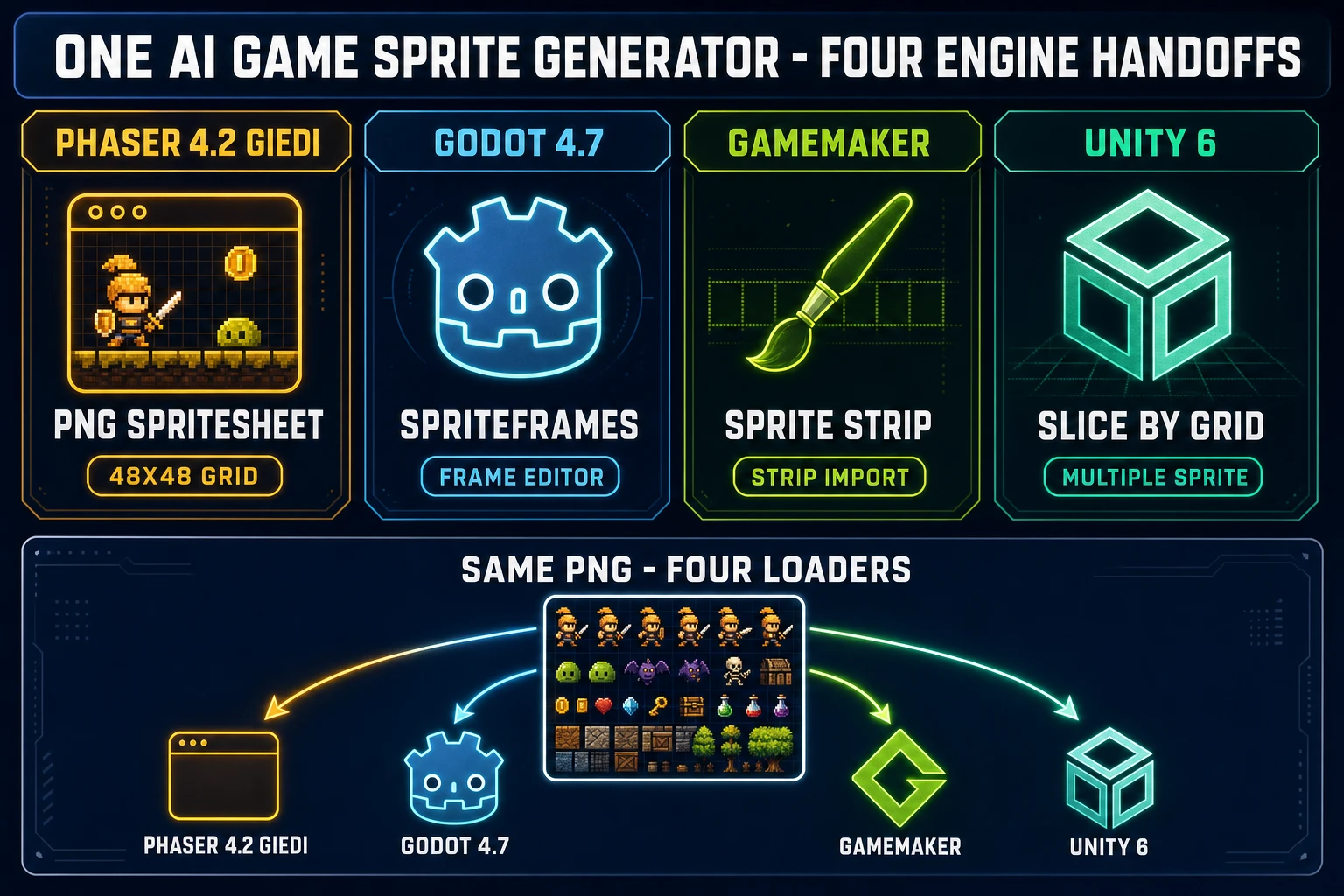 One AI game sprite generator four engine handoffs - Phaser 4.2 Giedi loader, Godot 4.7 SpriteFrames, GameMaker sprite strip, Unity 6 slice by grid - same PNG four loaders