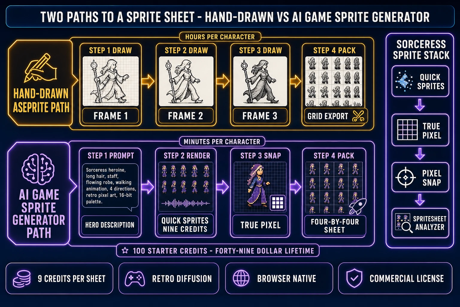 Two paths to a sprite sheet - hand-drawn Aseprite versus AI game sprite generator - prompt Quick Sprites nine credits True Pixel snap pack four-by-four sheet, Sorceress sprite stack with Quick Sprites True Pixel Pixel Snap Spritesheet Analyzer panels
