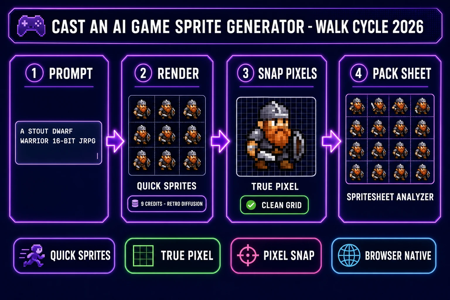 AI game sprite generator pipeline diagram for indie games - prompt Quick Sprites Retro Diffusion True Pixel pixel snap Spritesheet Analyzer pack output