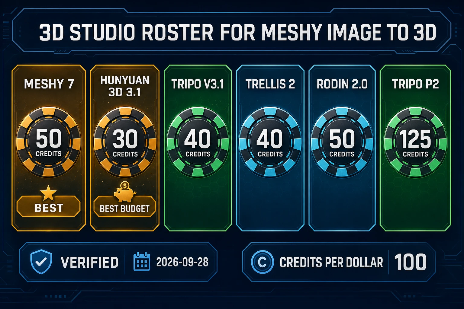 3D Studio model roster for meshy image to 3D with credit chips from 30 to 125