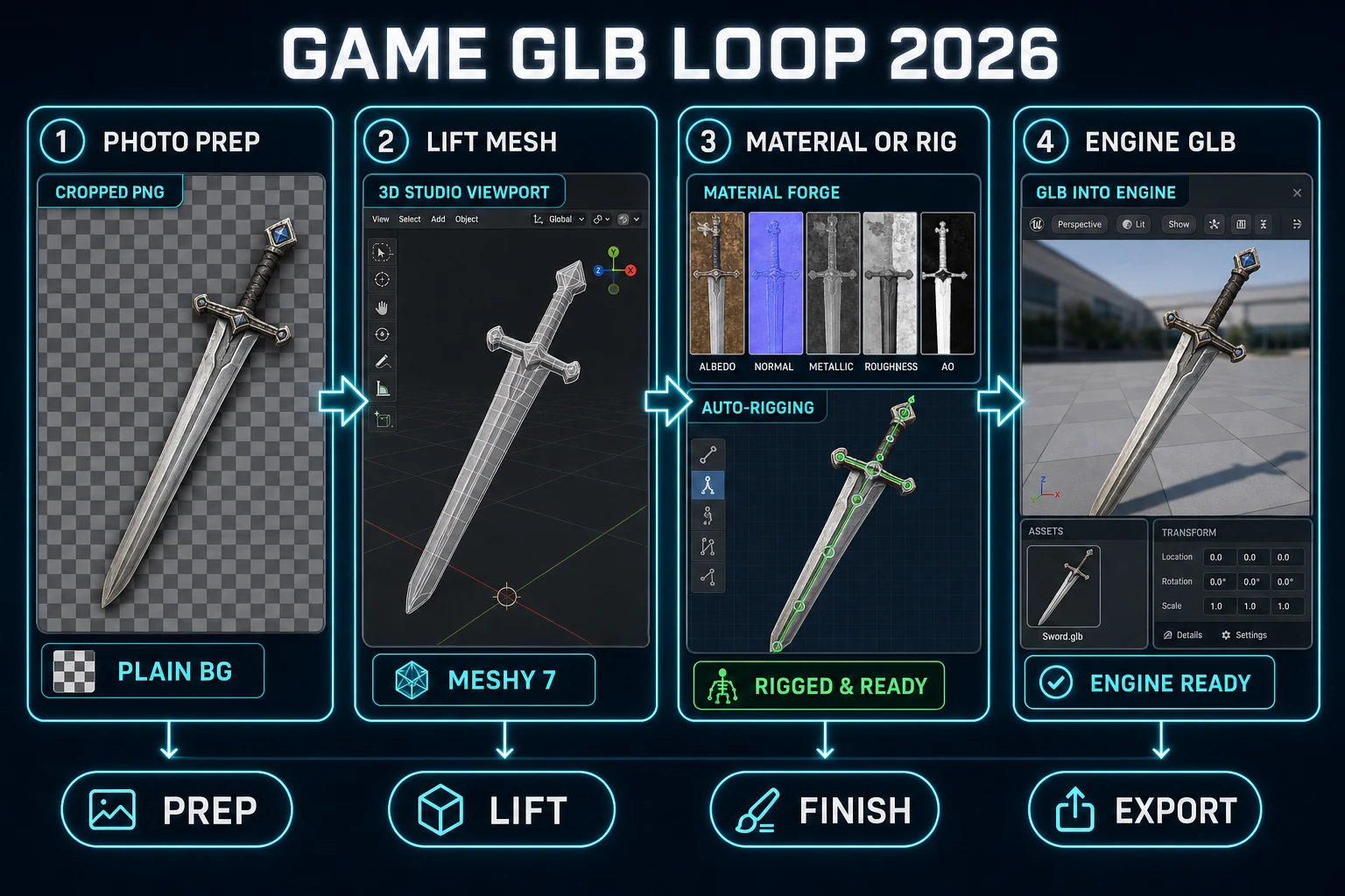 Meshy image to 3D game GLB loop with photo prep, lift, materials, and auto-rig