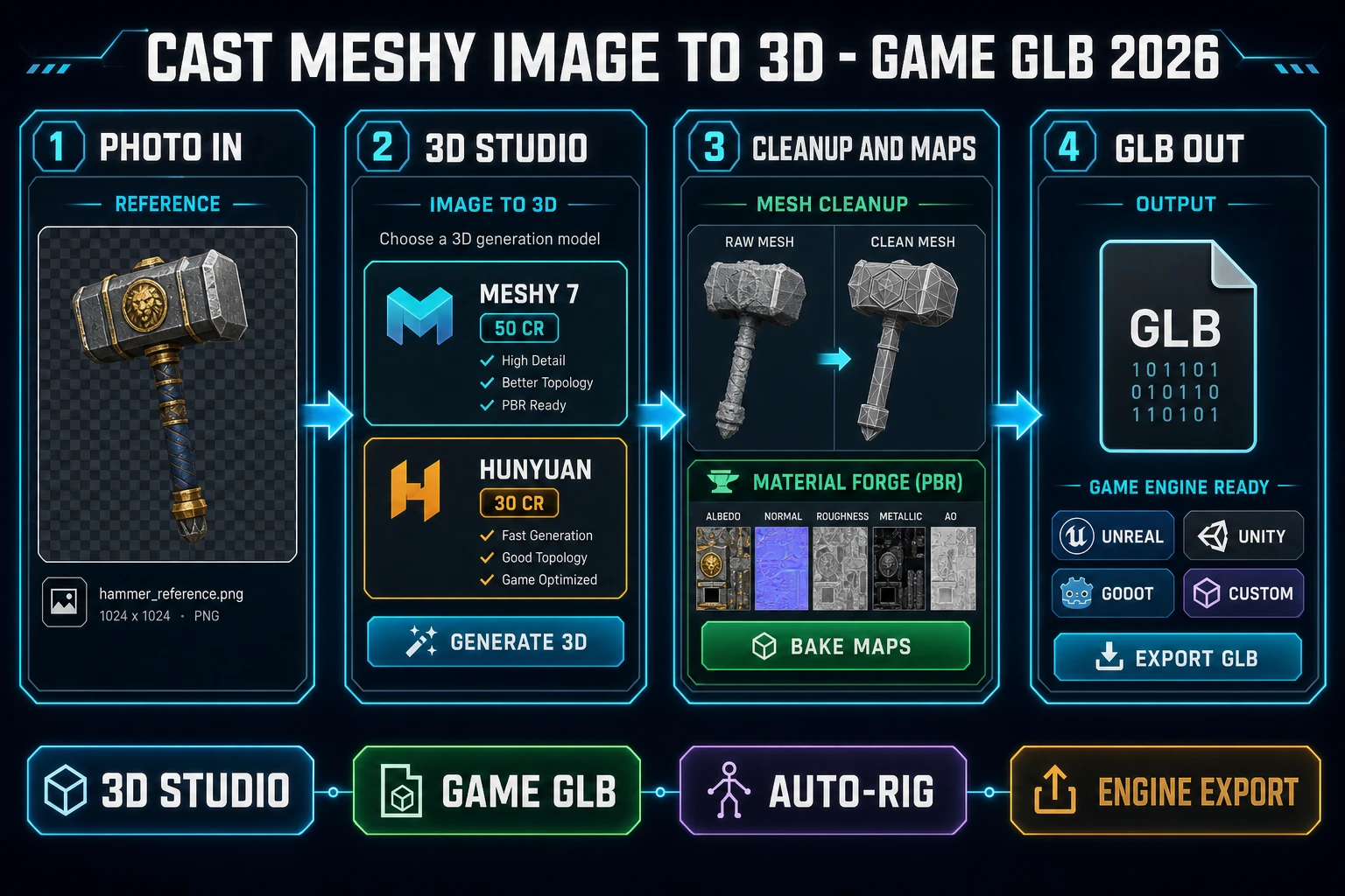 Meshy image to 3D pipeline: photo reference, 3D Studio lift, cleanup, game GLB export