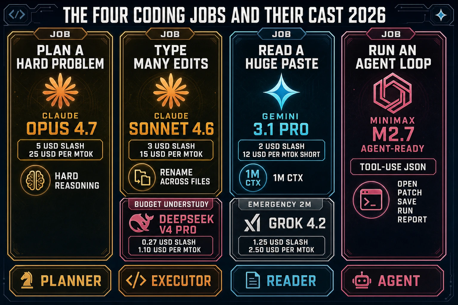 Per-job casting scoreboard 2026 showing the four coding jobs plan type read run and the AI model cast to each including Claude Opus 4.7 Claude Sonnet 4.6 Gemini 3.1 Pro MiniMax M2.7 with pricing on a dark navy Sorceress infographic