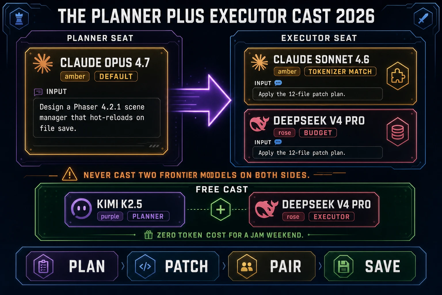 Planner plus executor casting diagram 2026 showing Claude Opus 4.7 default planner passing to Claude Sonnet 4.6 tokenizer match and DeepSeek V4 Pro budget executor plus a small free cast with Kimi K2.5 and DeepSeek V4 Pro on a dark navy Sorceress infographic