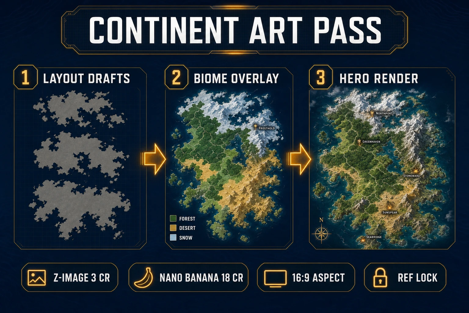 AI Image Gen continent art pass for an ai fantasy map generator — layout drafts, biome overlay, and hero overworld render
