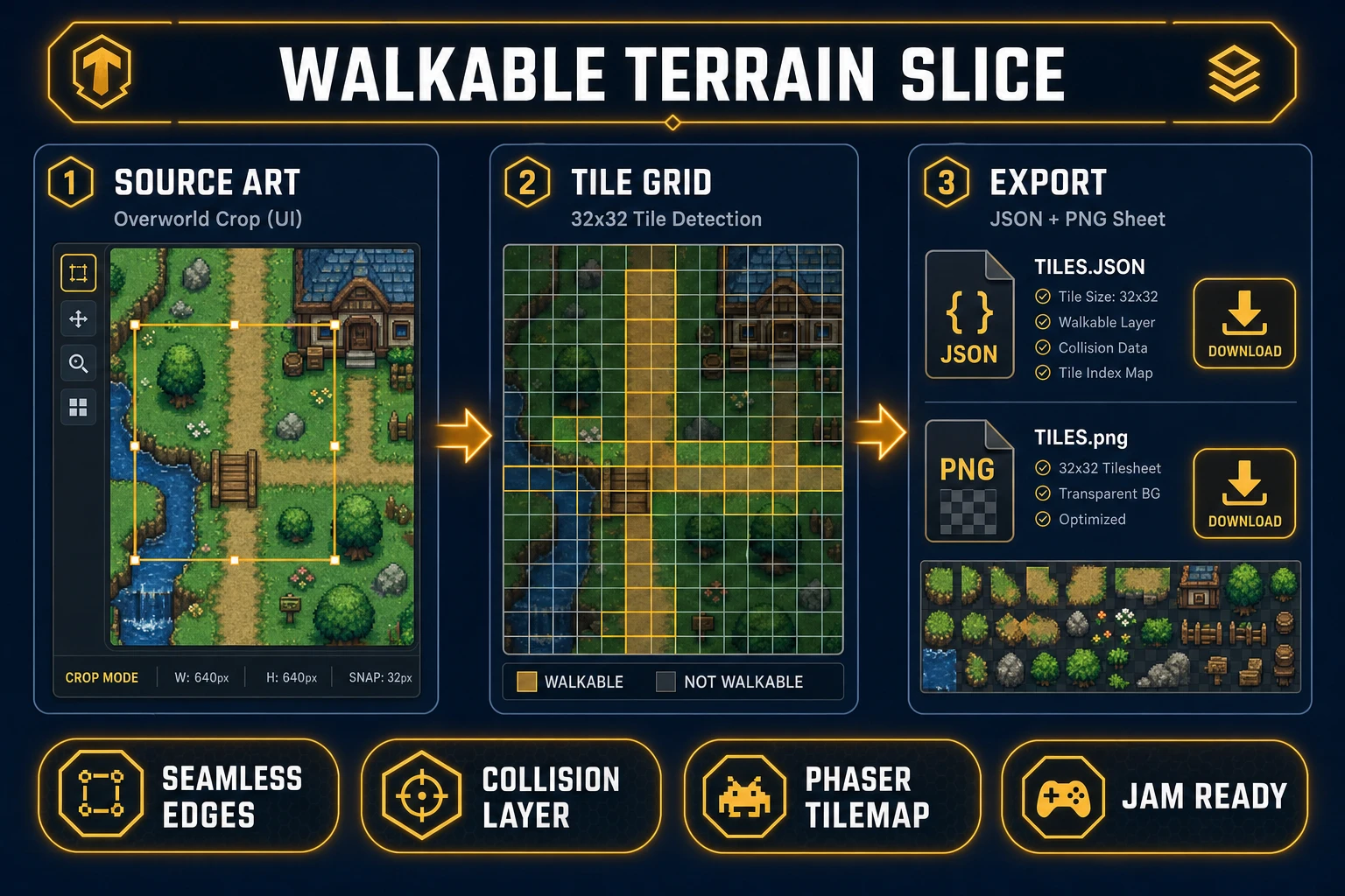 Tileset Forge walkable terrain slice for ai fantasy map generator exports — source crop, tile grid, JSON and PNG download