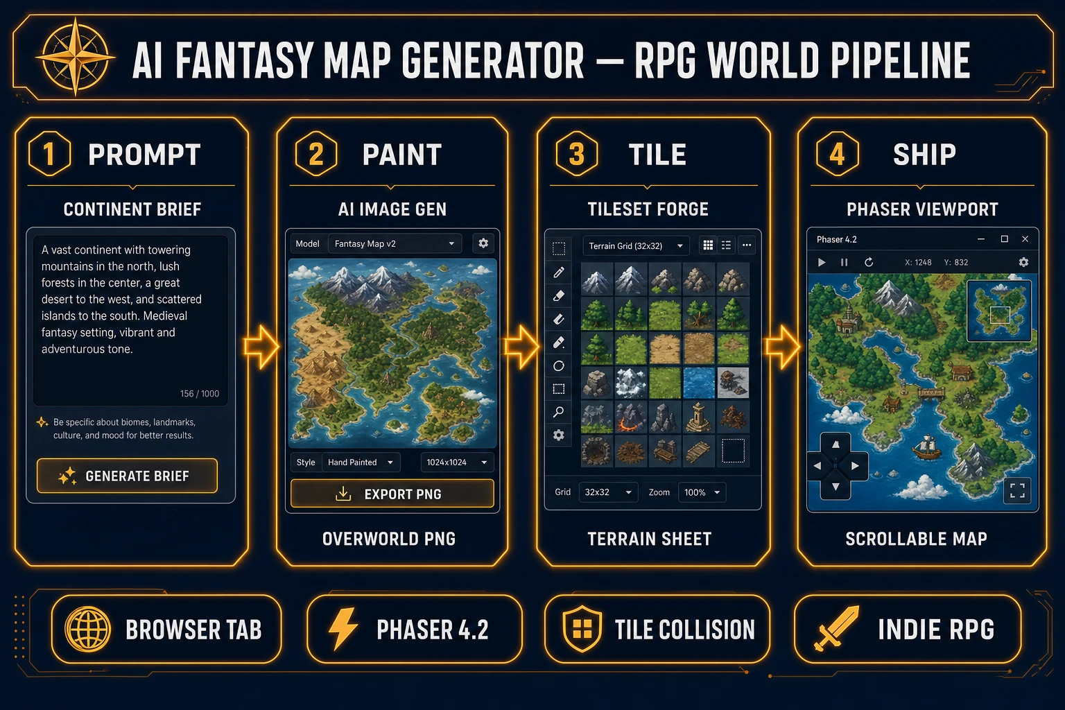 Ai fantasy map generator pipeline diagram — four numbered panels for continent brief, AI Image Gen overworld PNG, Tileset Forge terrain sheet, and Phaser scrollable map
