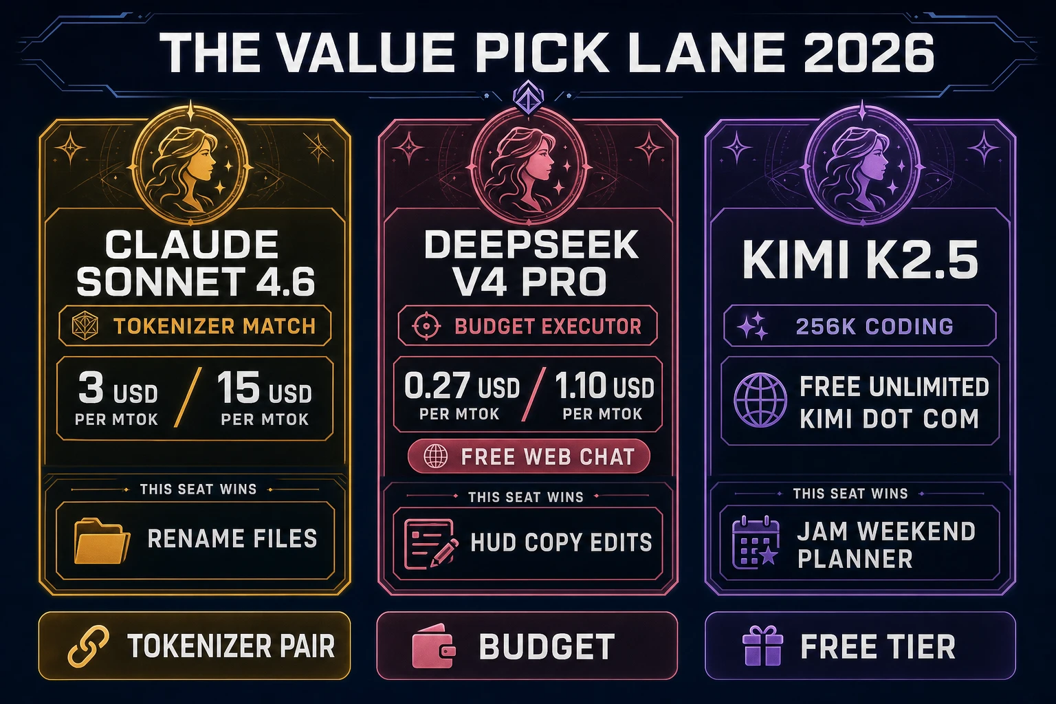 Value pick lane diagram showing Claude Sonnet 4.6 amber DeepSeek V4 Pro rose Kimi K2.5 purple as the fast smart budget and free coding model seats in the Sorceress rotation with per-MTok price cards