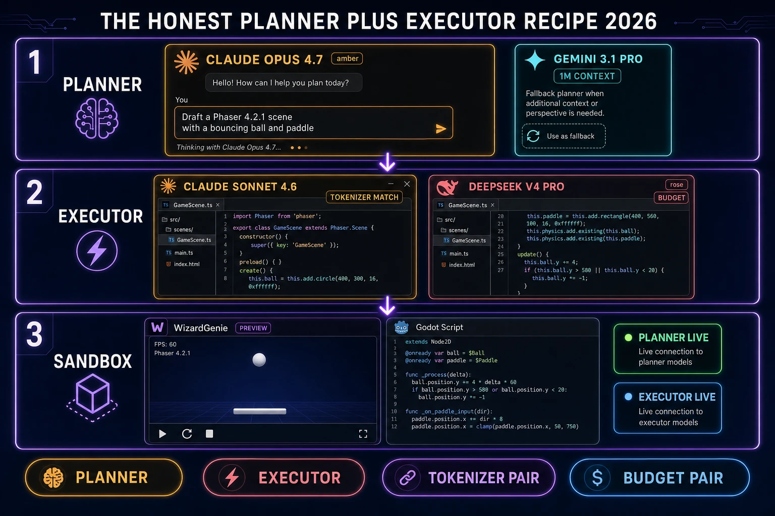 Planner Executor recipe chart showing Claude Opus 4.7 planner feeding into Claude Sonnet 4.6 executor and DeepSeek V4 Pro executor with WizardGenie browser sandbox running a Phaser scene and Godot script side by side