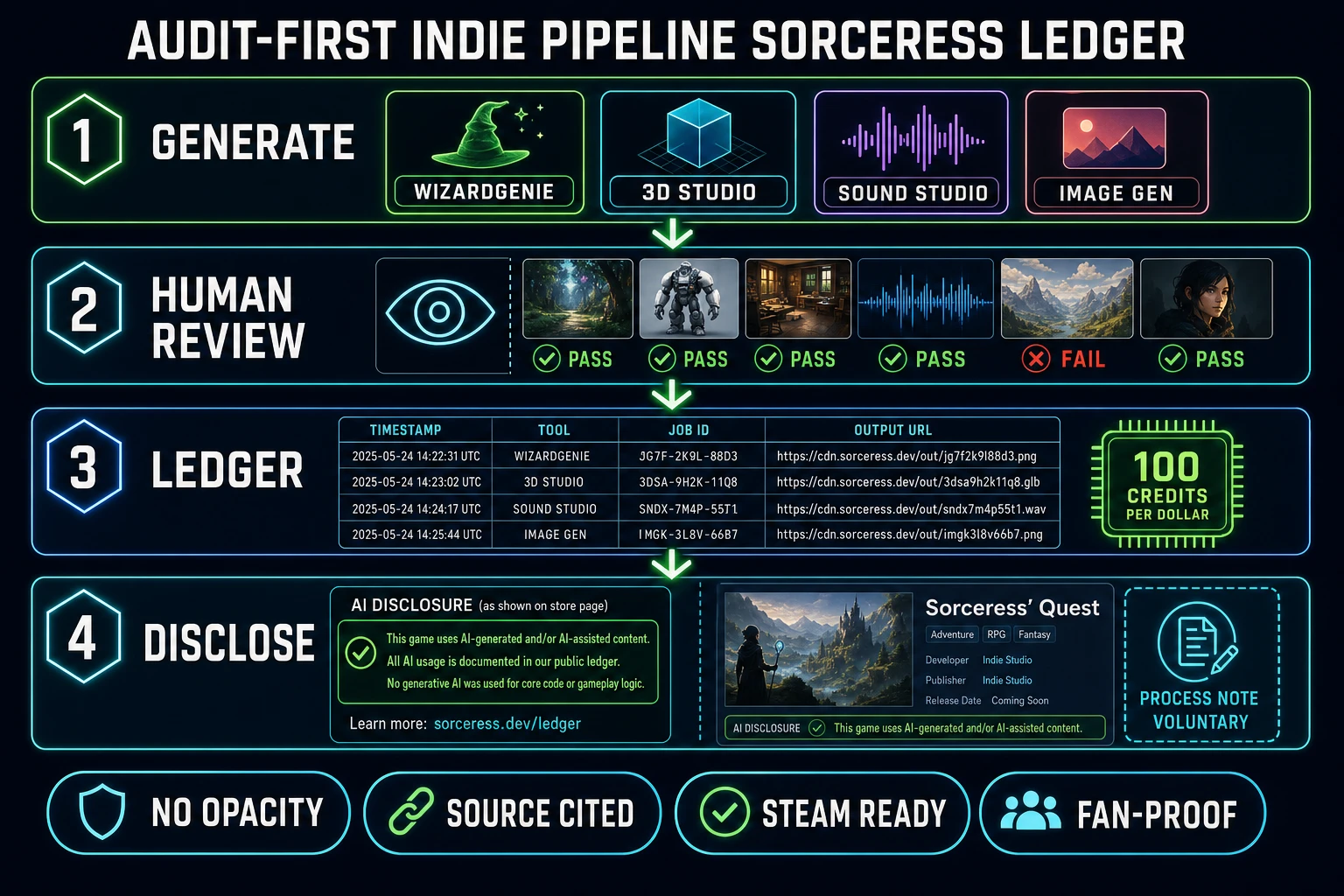 Audit-first indie AI pipeline with Sorceress credit ledger and Steam disclosure