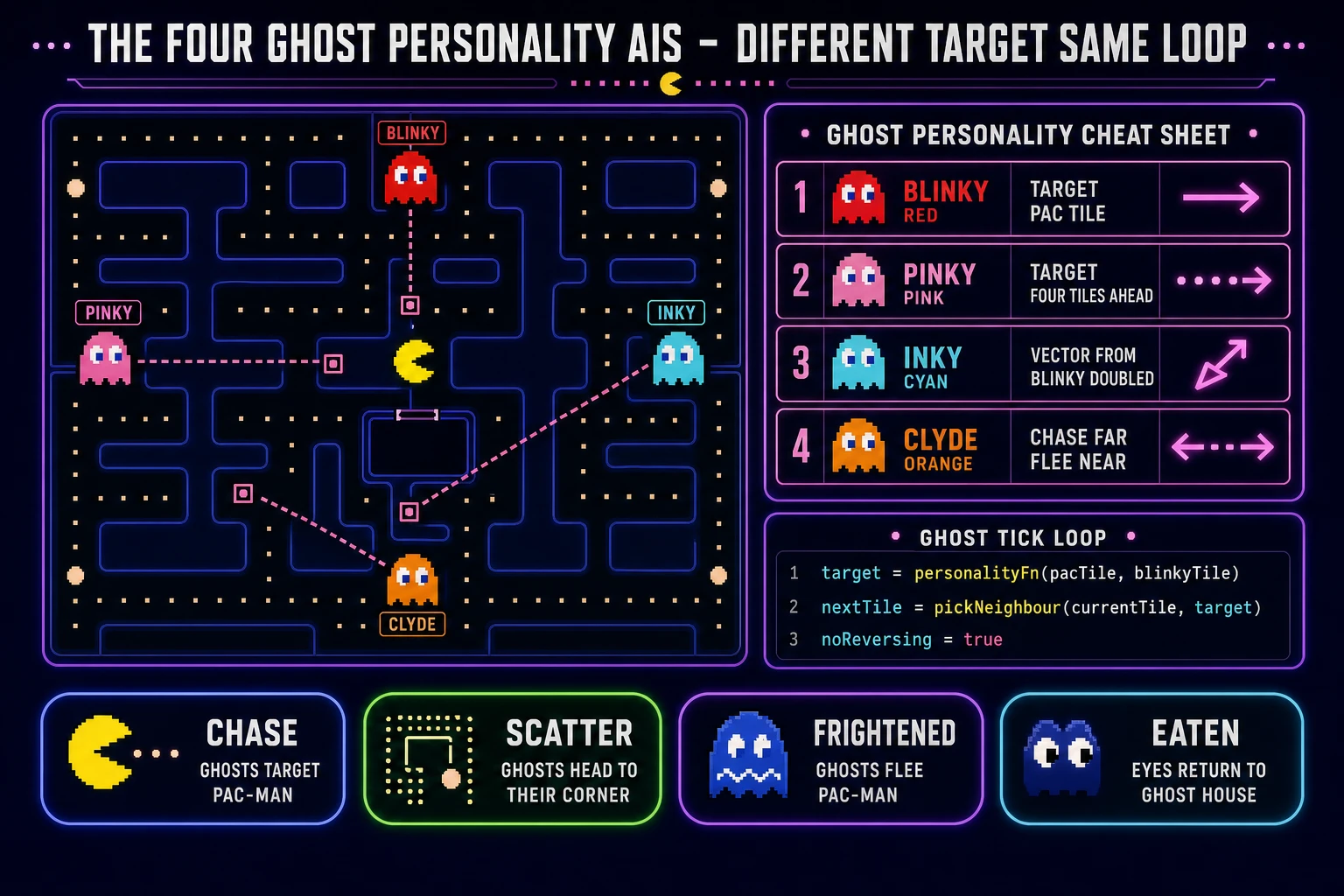 Four ghost personality AI cheat sheet: Blinky chase, Pinky ambush four tiles ahead, Inky fickle vector from Blinky, Clyde alternates at eight-tile threshold, with ghost tick loop pseudo-code
