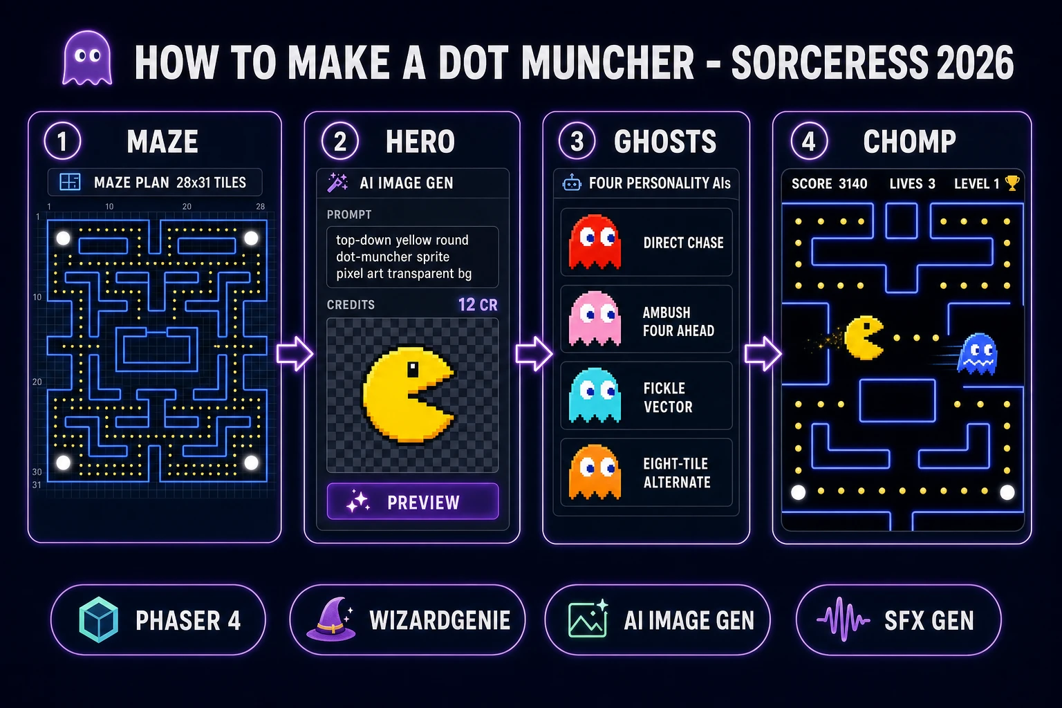 How to make Pac-Man browser dot muncher pipeline: maze grid with power pellets, round hero sprite in AI Image Gen, four ghost personality AIs, chomp scoring with WizardGenie and Sorceress toolset