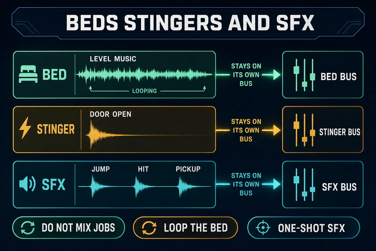 How to make video game music by separating looping beds, short stingers, and one-shot SFX