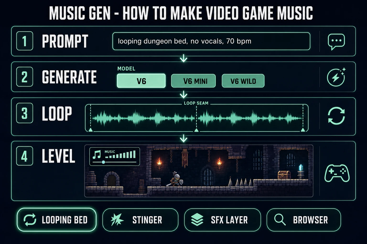 How to make video game music pipeline: prompt, Suno V6 generate, loop seam, drop into a level
