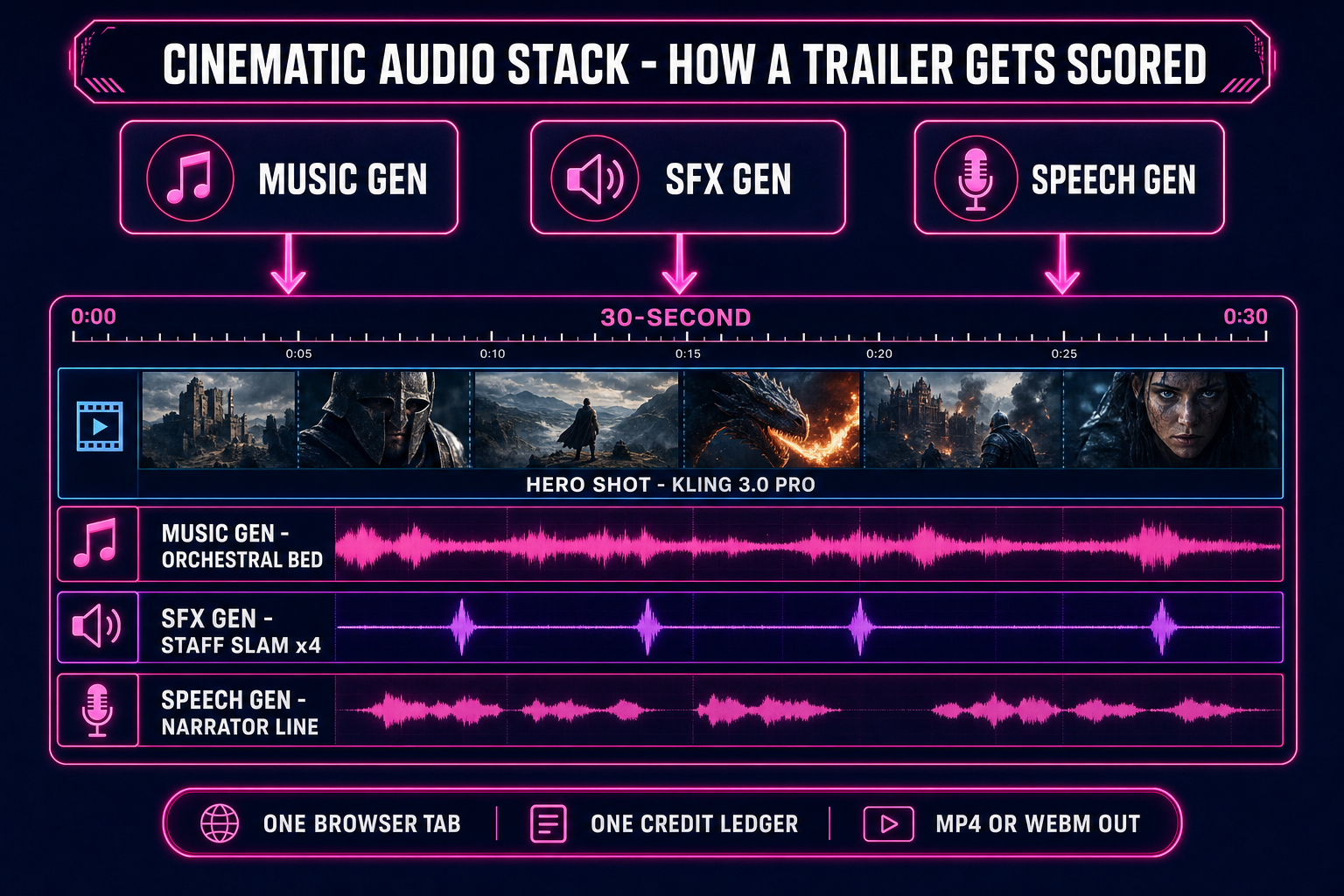 Cinematic audio stack diagram: Sorceress Music Gen produces the score bed, SFX Gen produces punctuation hits, Speech Gen produces dialogue, all feeding the video clip from AI Video Gen onto the trailer timeline