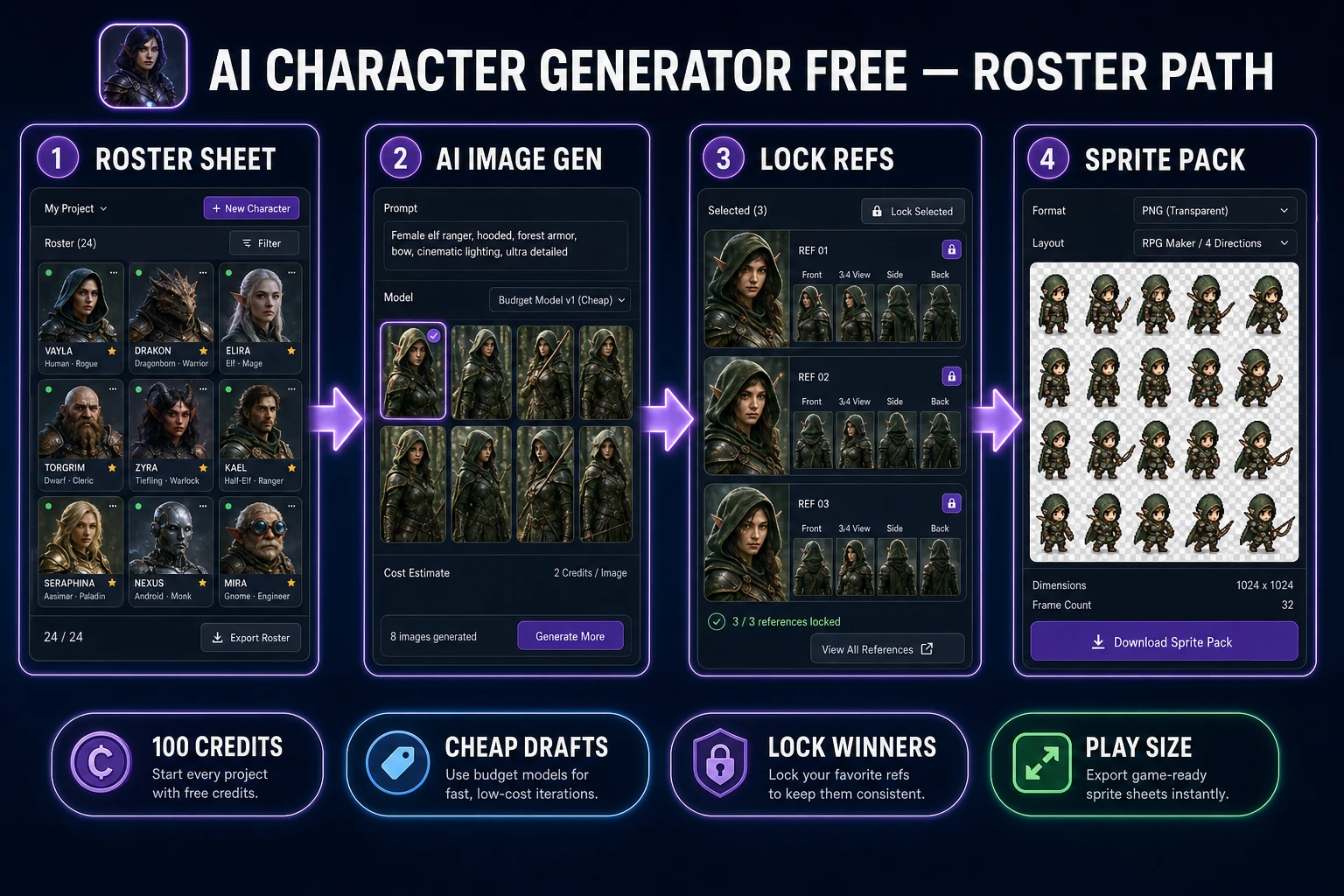ai character generator free roster path from cast sheet to sprite pack