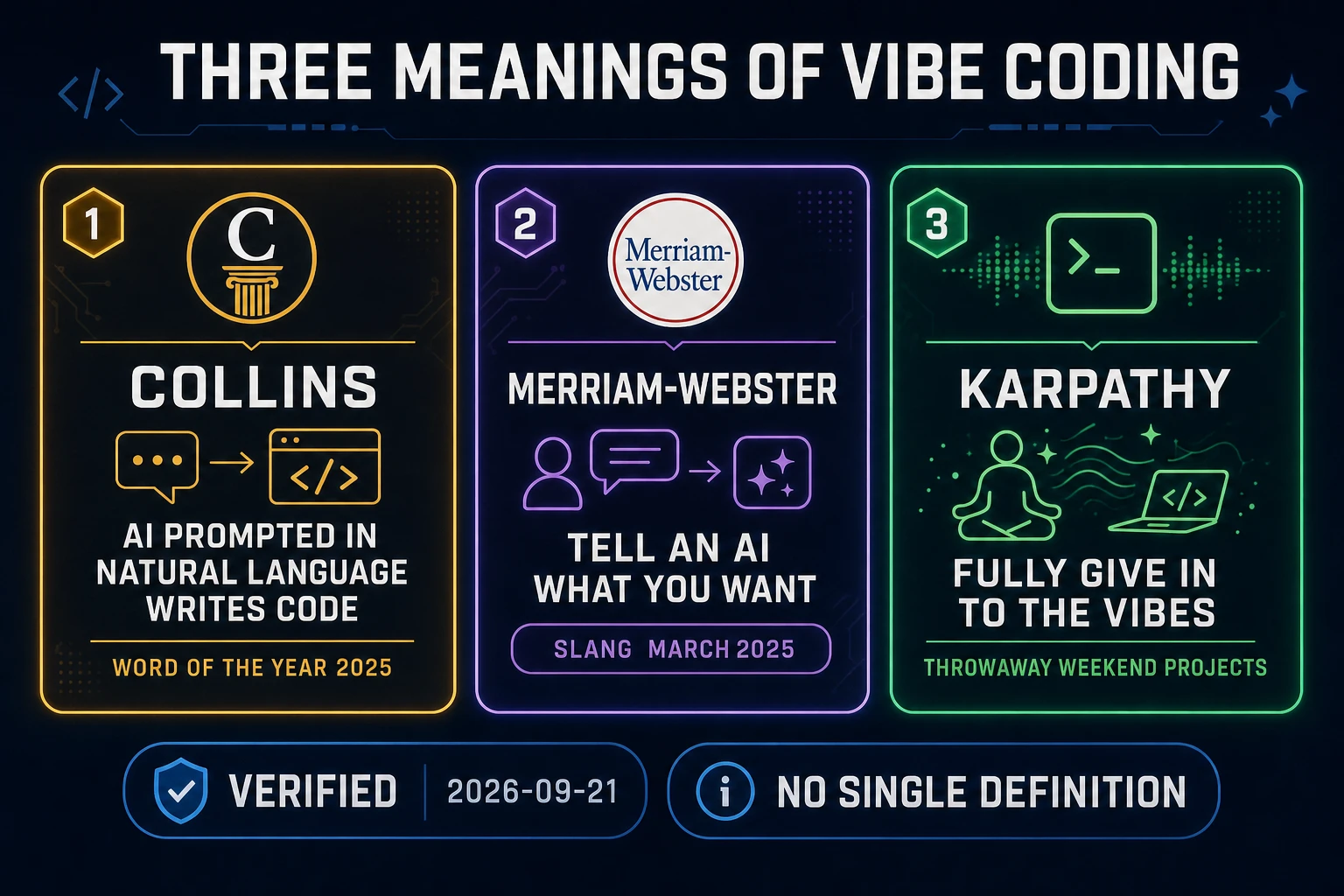 Vibe coding meaning compared across Collins, Merriam-Webster, and Karpathy