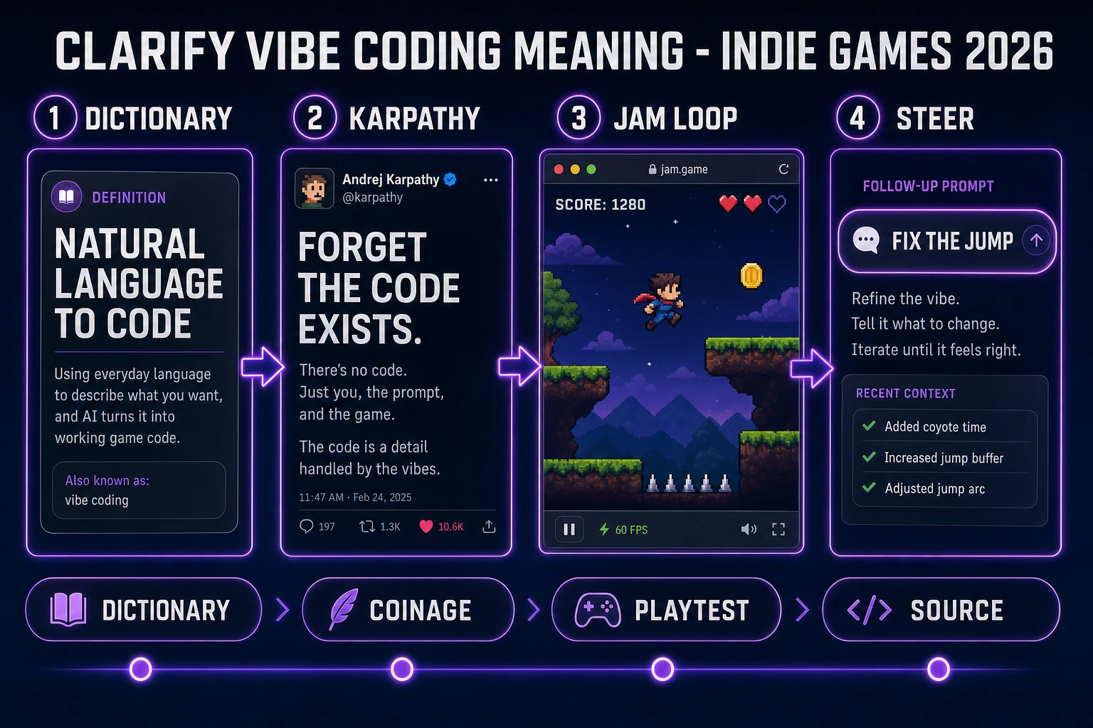 Vibe coding meaning split across a dictionary card, Karpathy’s coinage, a jam loop, and a steer prompt