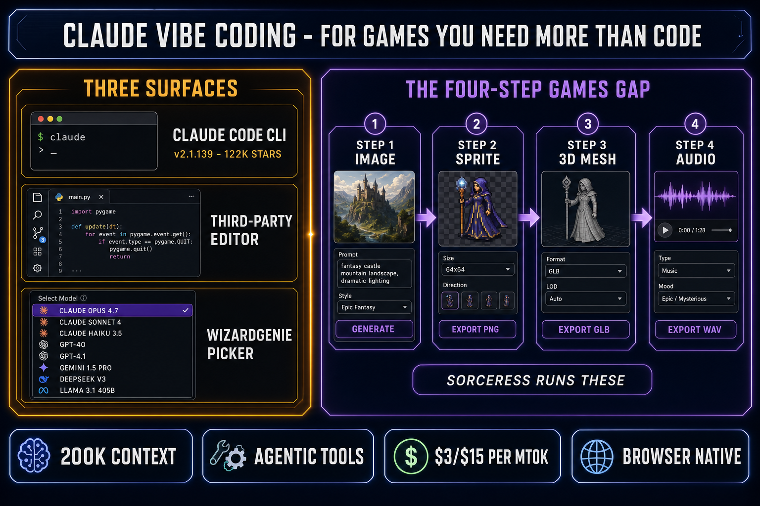 Claude vibe coding workflow diagram showing the three surfaces (Claude Code CLI, third-party editors, WizardGenie multi-model picker) feeding into a four-step games gap (sprite sheet, 3D mesh, music, sound) bridged by the Sorceress asset stack