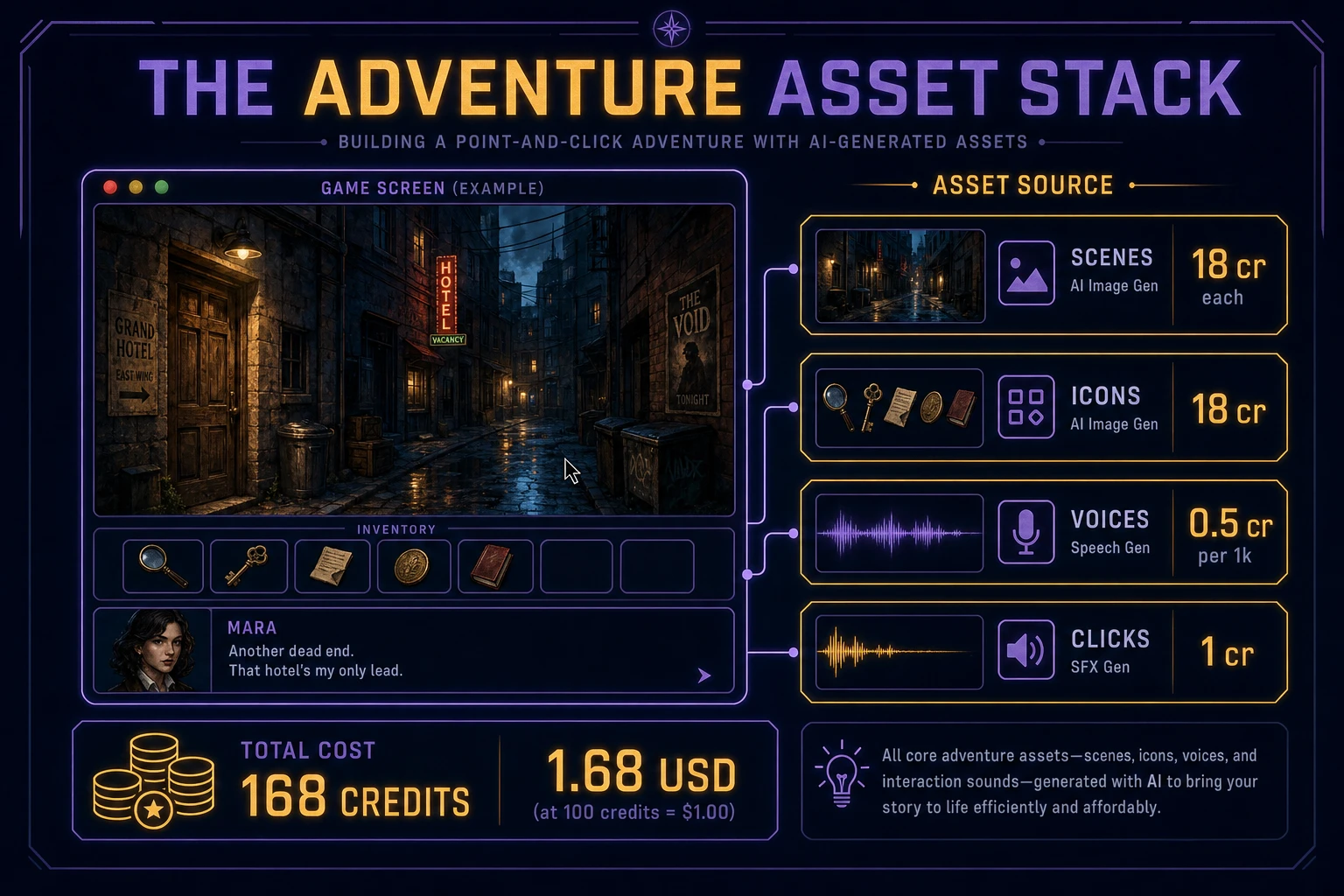 Point and click adventure asset stack diagram showing AI Image Gen scene backgrounds, inventory icons, Speech Gen NPC voice lines, and SFX Gen click audio with 168 credit total