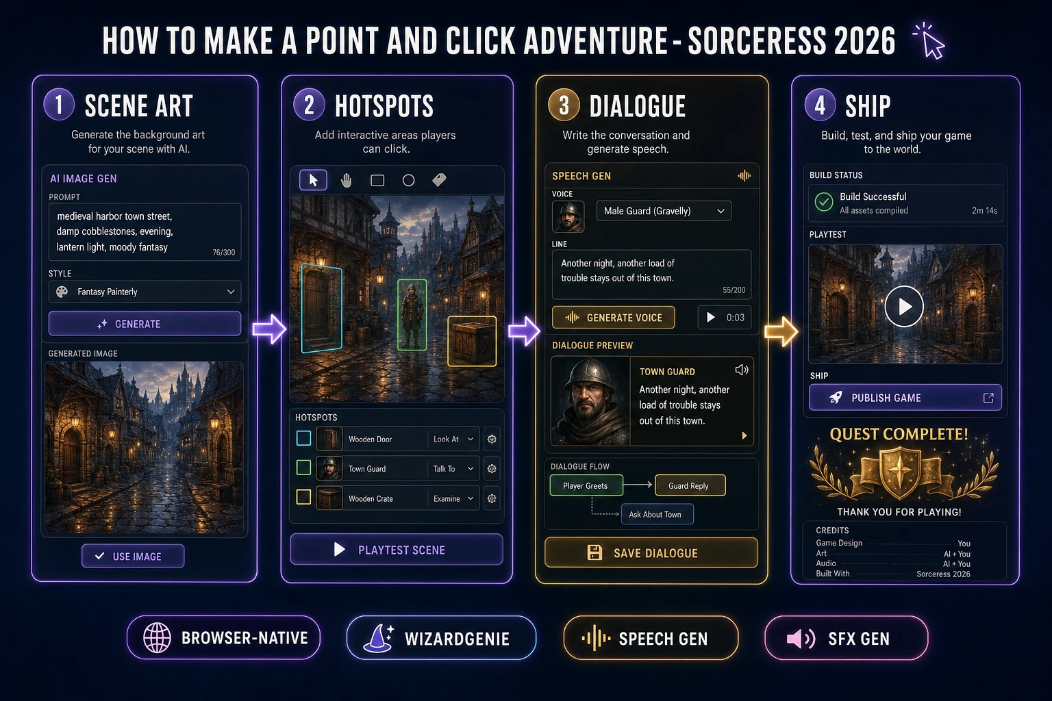 How to make a point and click adventure browser pipeline: design scene hotspots and inventory use, wire dialogue in WizardGenie, add AI Image Gen backgrounds plus Speech Gen NPC lines