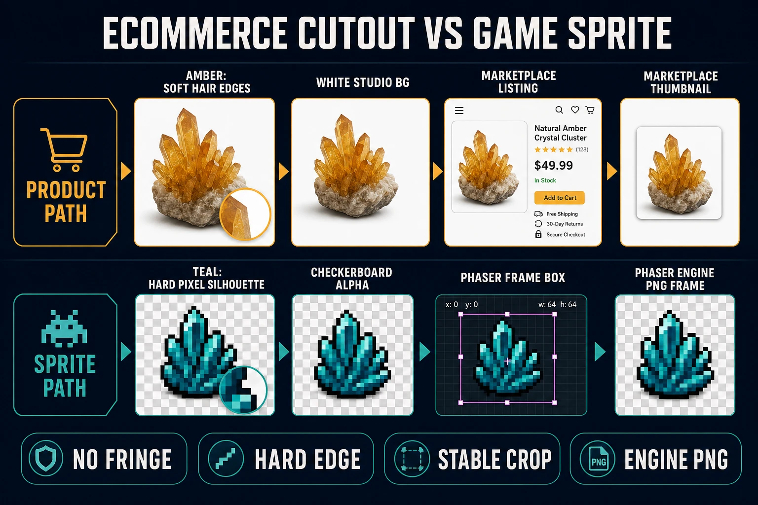 Ecommerce cutout path versus game sprite hard-edge alpha path