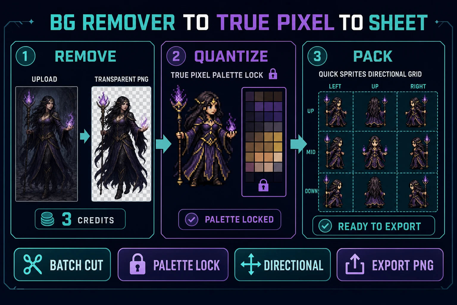 BG Remover to True Pixel to Quick Sprites pipeline for transparent game sprites