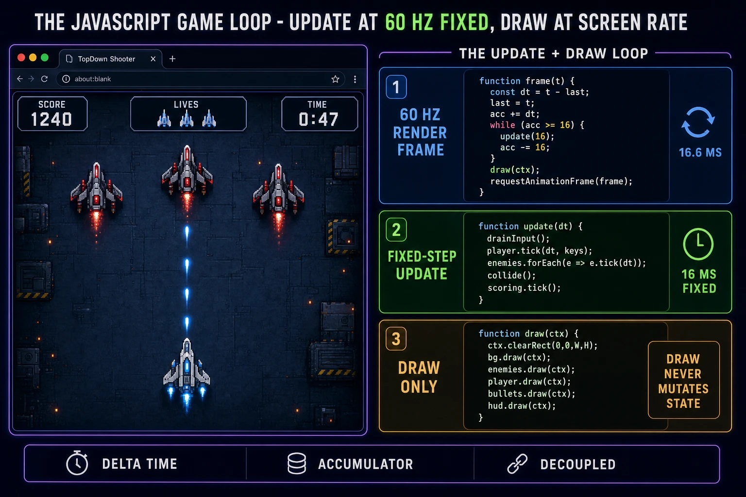 JavaScript game loop timeline: 60 Hz render frame, delta-time accumulator, and update function separated from draw function