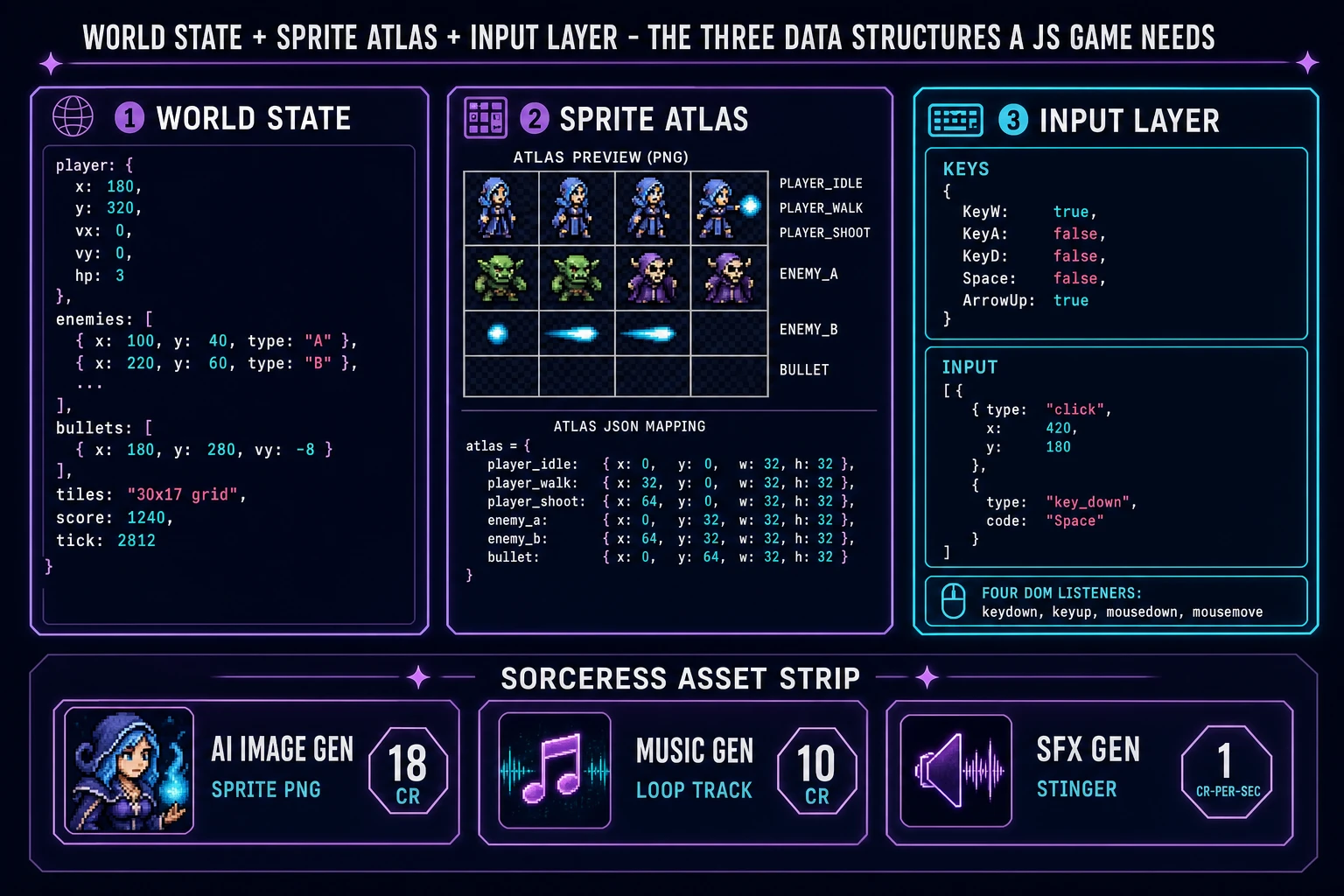 JavaScript game data structures: world state object, sprite atlas map, and input buffer with keys record