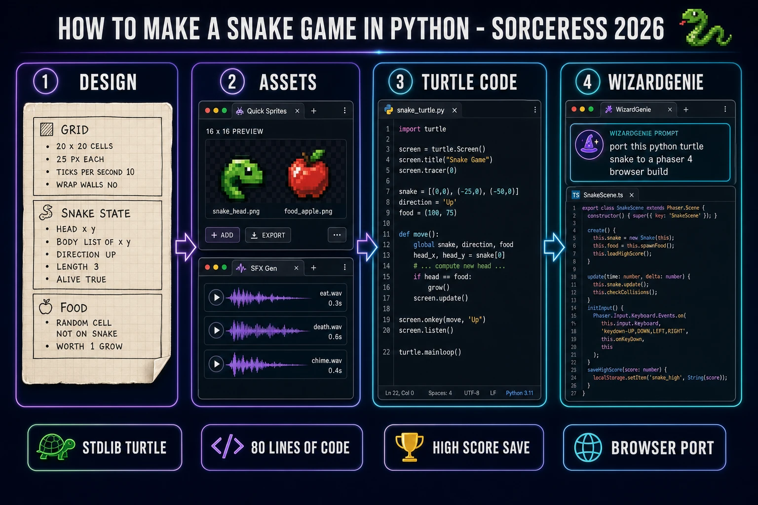 How to make a snake game in Python pipeline: design the grid and tick loop, generate a retro asset pack in Sorceress, write the turtle stdlib loop, let WizardGenie port to browser