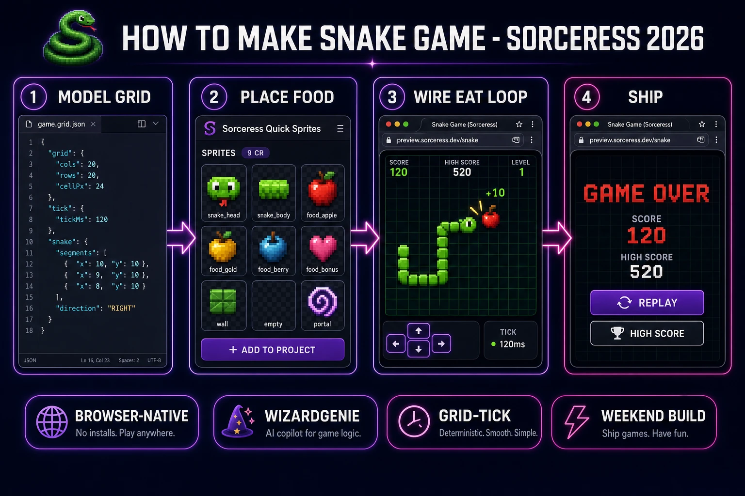 How to make snake game browser pipeline: model a growing grid snake, wire eat-grow-die in WizardGenie, and ship a browser grid loop