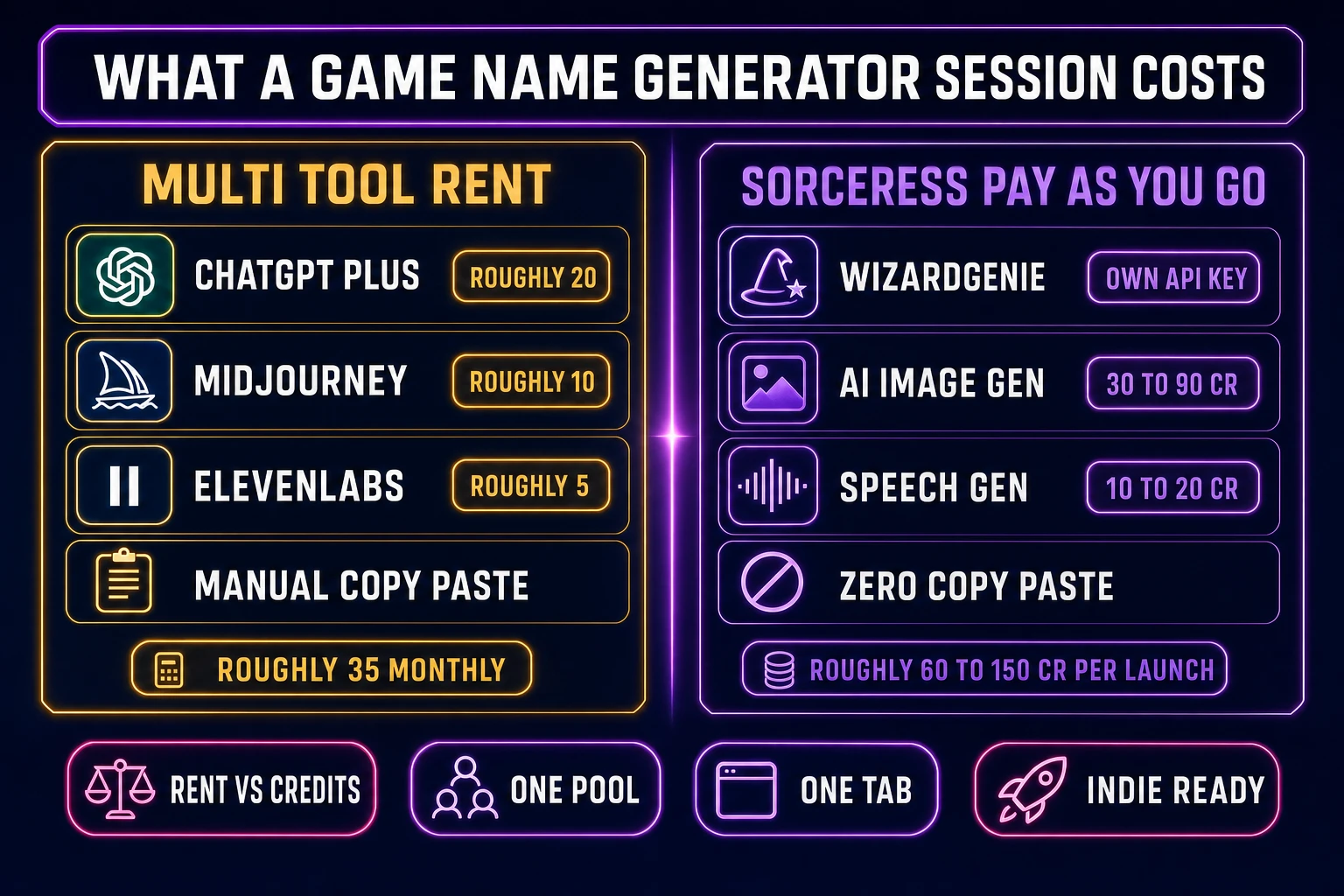 Game name generator credit-cost breakdown - single launch session showing WizardGenie chat on own API key plus logo renders at 30 to 90 credits plus Speech Gen at 10 to 20 credits, versus multi-tool subscription baseline of 35 dollars per month