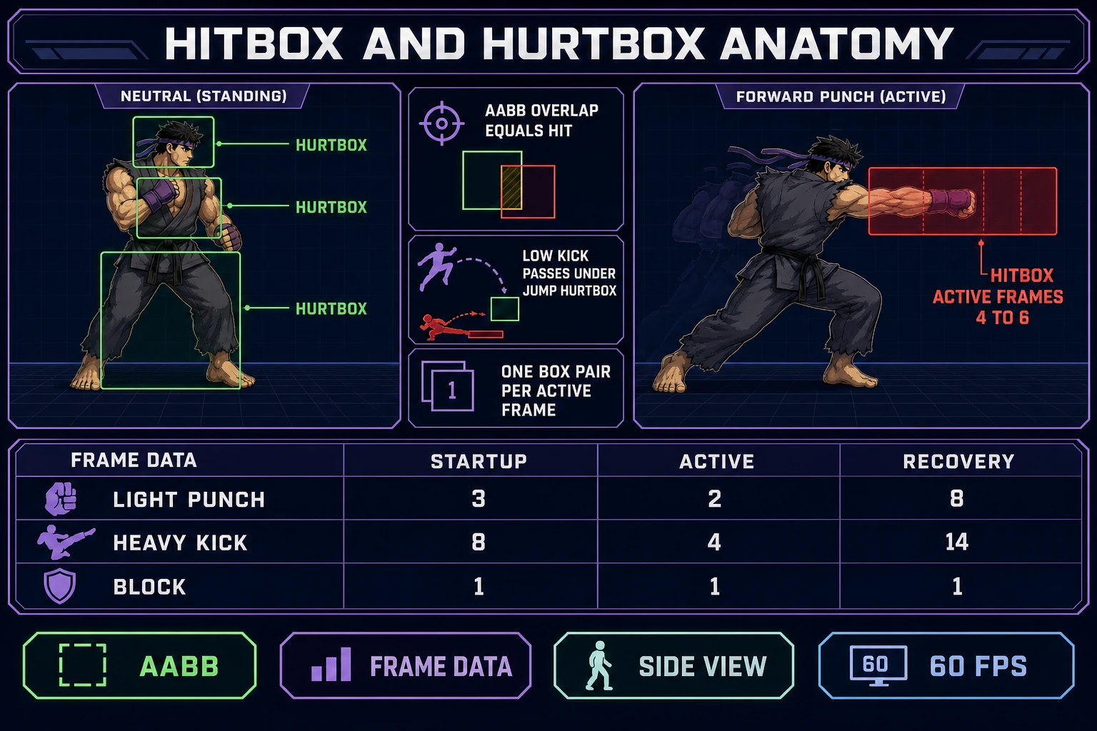Hitbox and hurtbox anatomy with frame data table for a 2D fighting game