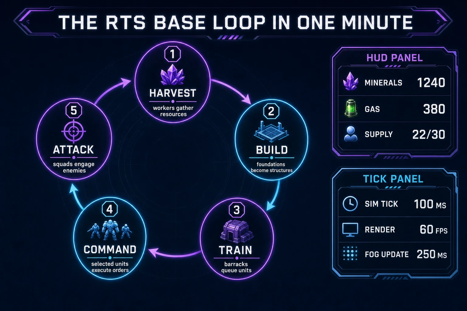 RTS base loop state machine diagram showing harvest, build, train, command, and attack stages with simulation tick and render frame separation