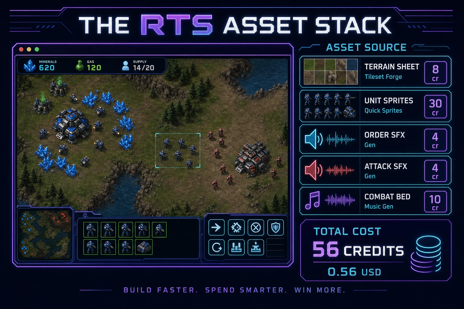 RTS game asset stack diagram showing Tileset Forge terrain, Quick Sprites unit sheets, SFX Gen callouts, and Music Gen combat bed - about 56 credits total
