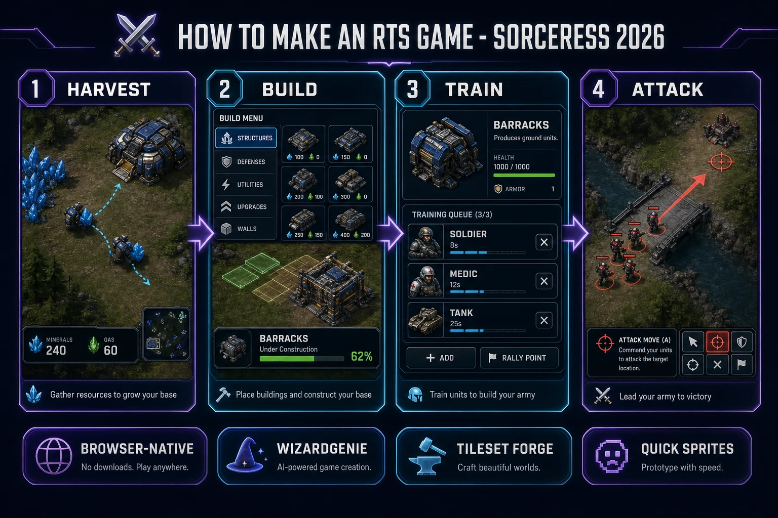 How to make an rts game browser pipeline: harvest, build, train, and attack loop wired in WizardGenie with Tileset Forge terrain and Quick Sprites units