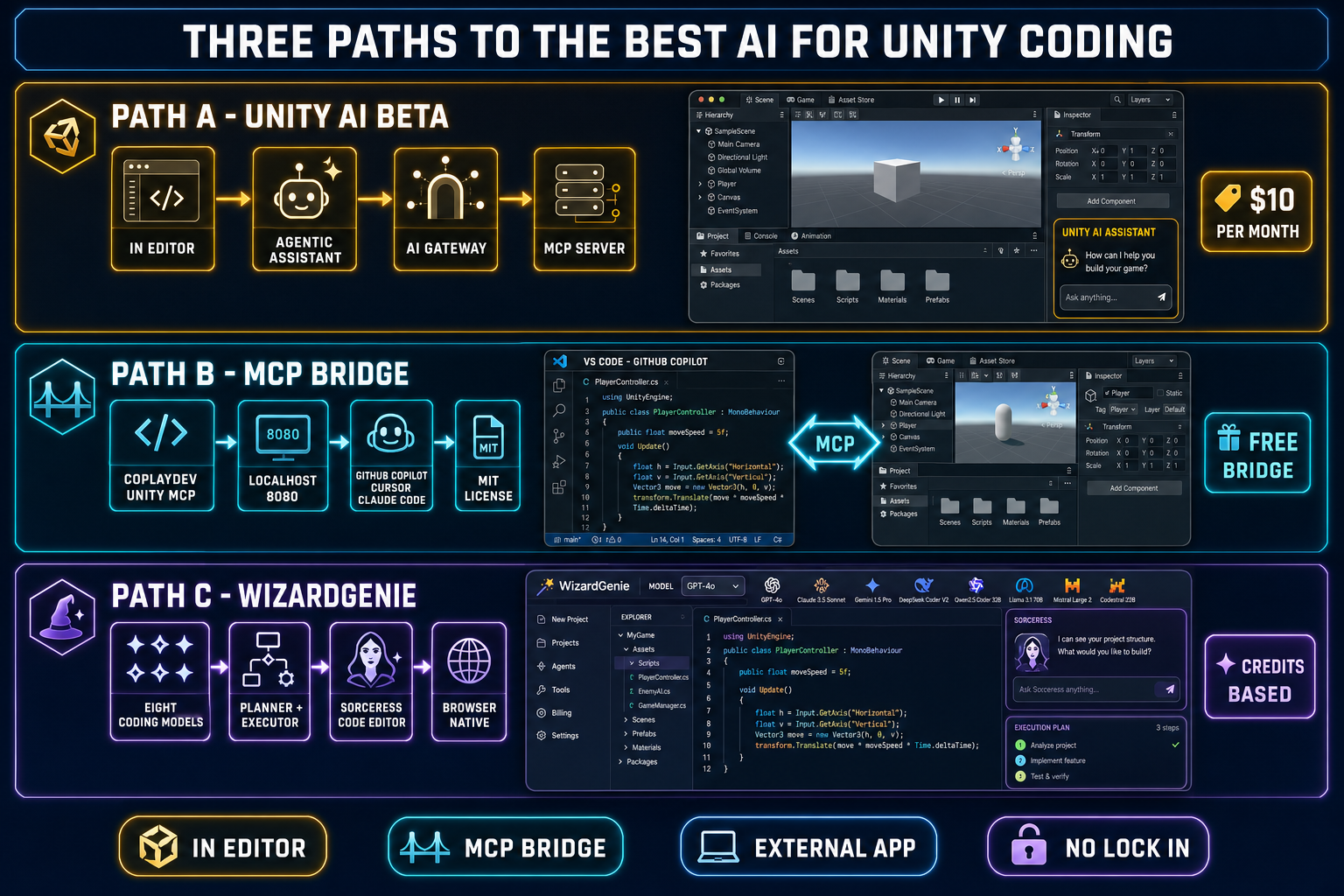 Three-lane comparison diagram of the three paths to the best AI for Unity coding - Path A Unity AI Beta inside the editor at 10 dollars per month, Path B MCP bridge via CoplayDev wiring GitHub Copilot or Cursor or Claude Code into Unity for free, Path C WizardGenie with eight coding models running browser-native - all three labelled with their distinct strengths