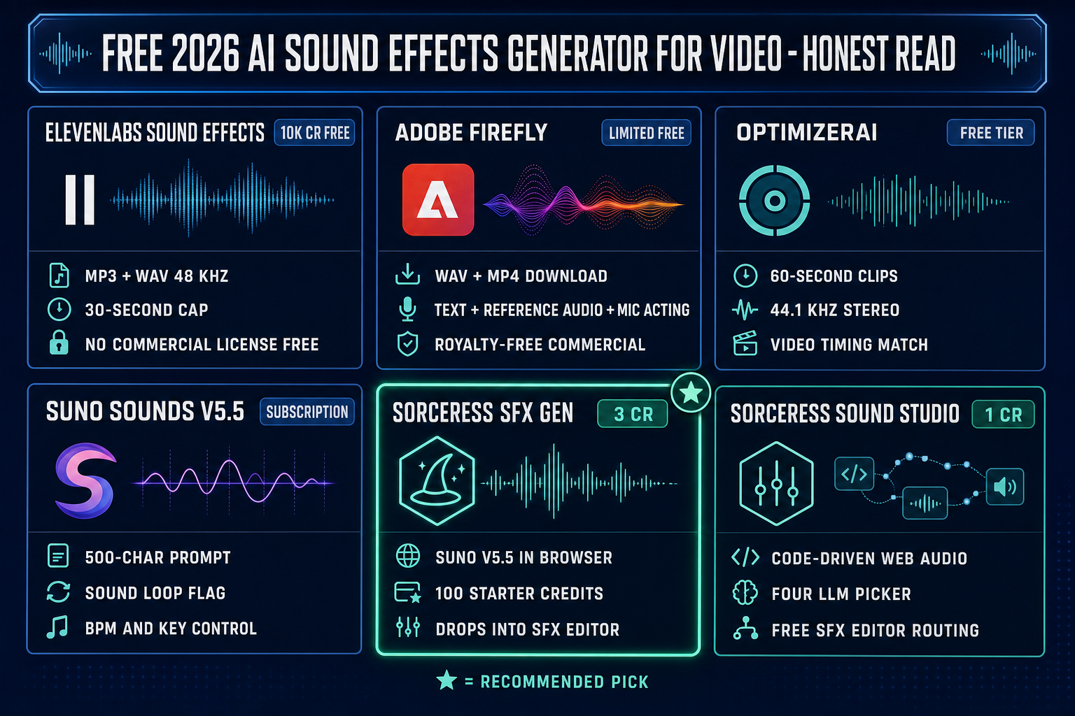 Free 2026 AI sound effects generator for video comparison - ElevenLabs Adobe Firefly OptimizerAI Suno V5.5 Sorceress SFX Gen Sound Studio credits limits commercial license
