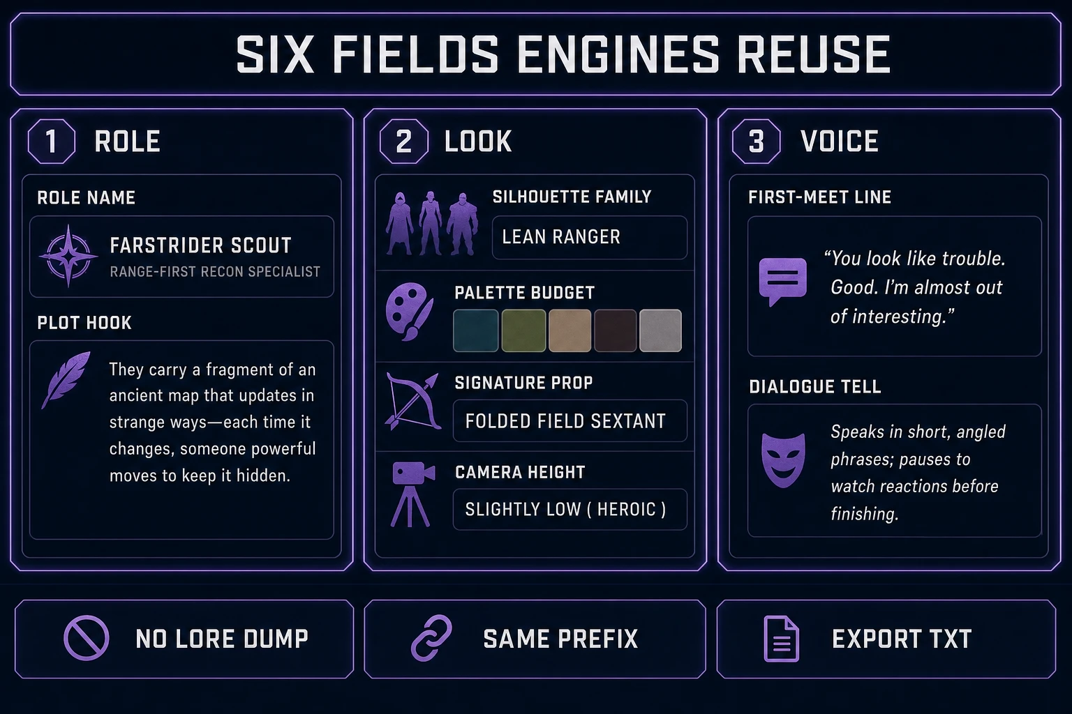 Six fields to write for an ai character description generator roster card