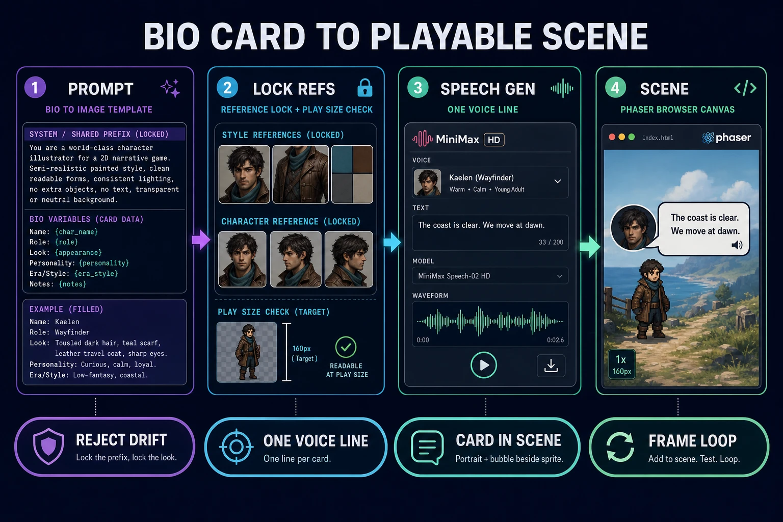Handoff diagram from ai character description generator bio card to AI Image Gen portrait, Speech Gen voice line, and Phaser browser scene