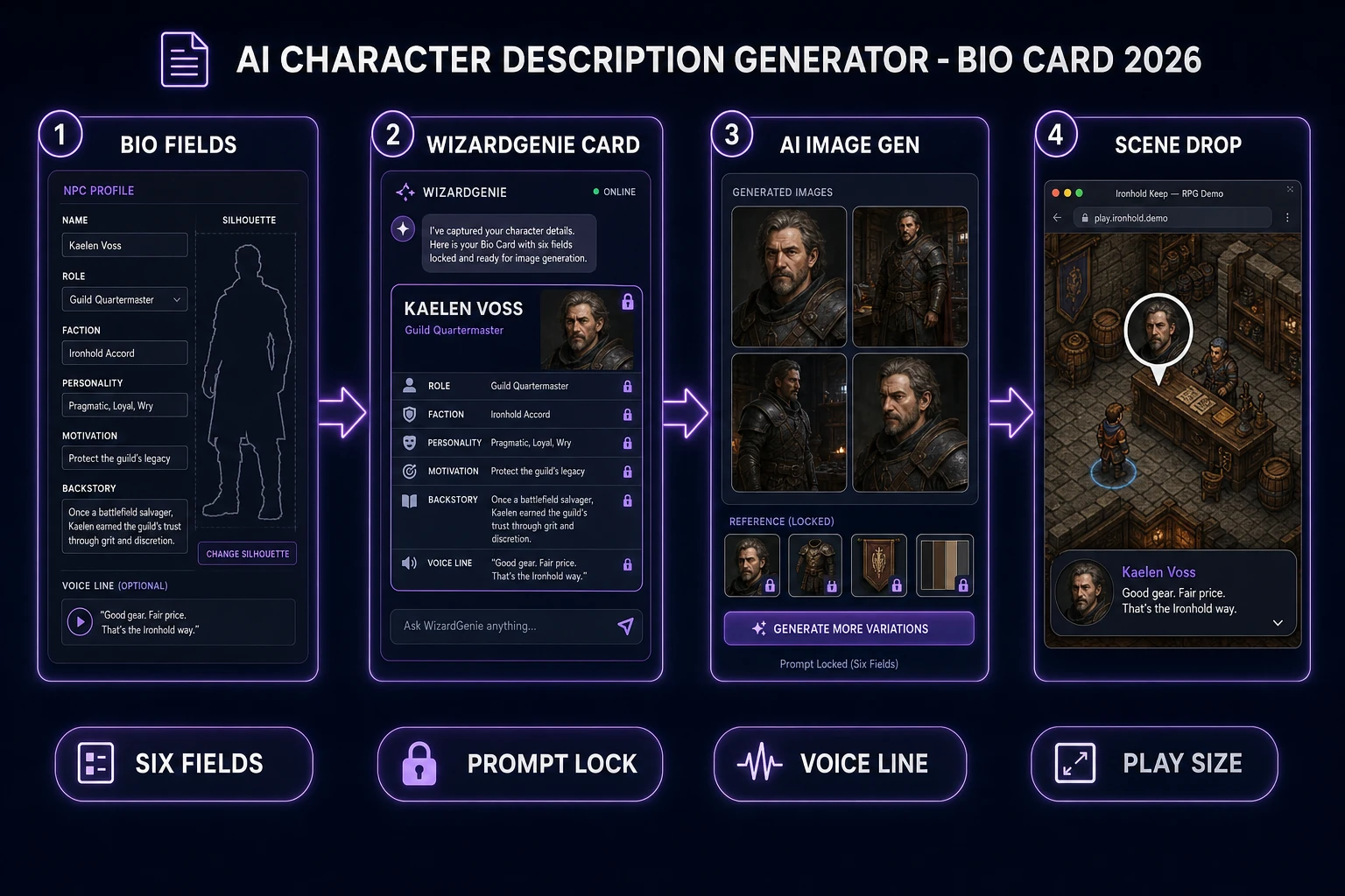 ai character description generator pipeline from bio fields to WizardGenie card to AI Image Gen portrait to playable scene